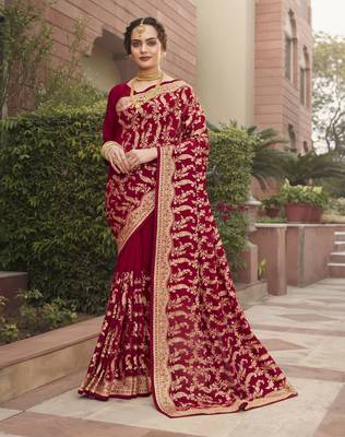 Maroon embroidered silk blend saree with blouse 1
