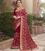 Maroon embroidered silk blend saree with blouse
