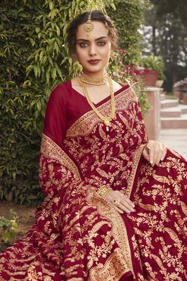 Maroon embroidered silk blend saree with blouse 2