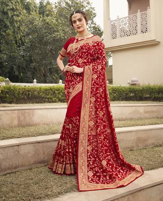 Red embroidered silk blend saree with blouse 1