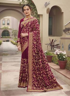 Wine embroidered silk blend saree with blouse 1