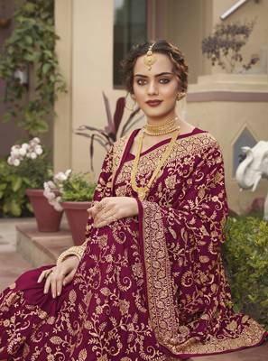 Wine embroidered silk blend saree with blouse 2
