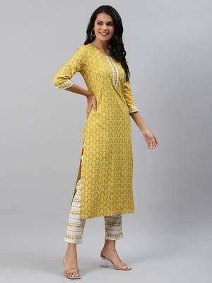 Yellow printed viscose rayon ethnic-kurtis 4