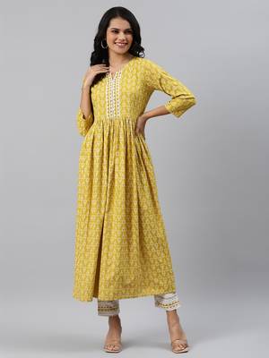 Yellow printed viscose rayon ethnic-kurtis 1