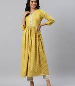 Yellow printed viscose rayon ethnic-kurtis