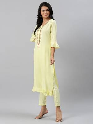 Yellow plain viscose rayon ethnic-kurtis 3