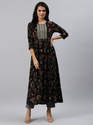 Black printed viscose rayon maxi-dresses 1