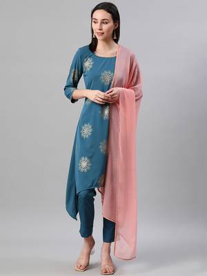 Teal printed crepe kurtas-and-kurtis 1