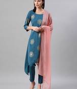Teal printed crepe kurtas-and-kurtis
