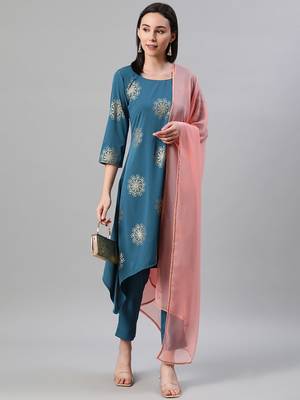 Teal printed crepe kurtas-and-kurtis 5