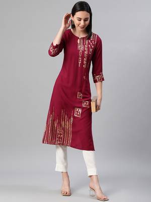 Maroon printed rayon kurtas-and-kurtis 5