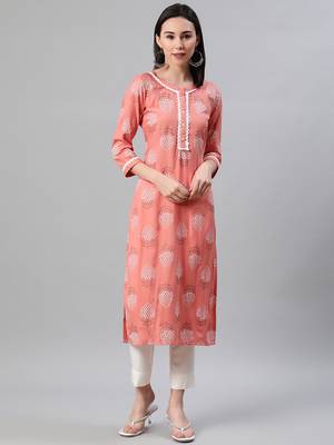 Peach printed rayon kurtas-and-kurtis 1