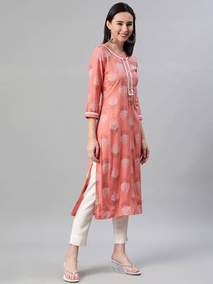 Peach printed rayon kurtas-and-kurtis 2