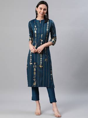 Teal printed rayon kurtas-and-kurtis 1