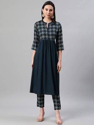 Teal printed rayon kurtas-and-kurtis 1