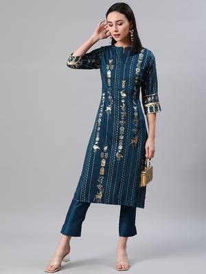 Teal printed rayon kurtas-and-kurtis 5