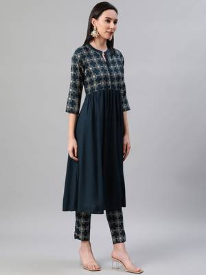 Teal printed rayon kurtas-and-kurtis 2