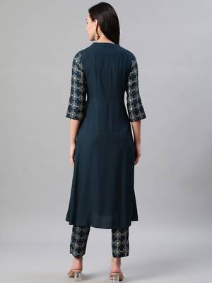 Teal printed rayon kurtas-and-kurtis 3