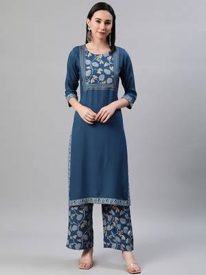 Teal printed rayon kurtas-and-kurtis 1