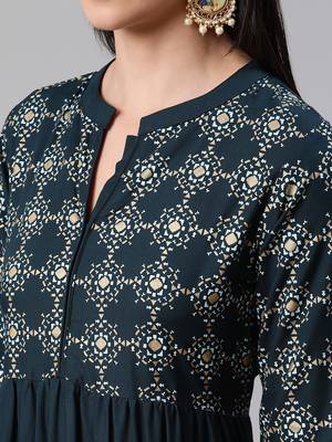 Teal printed rayon kurtas-and-kurtis 4