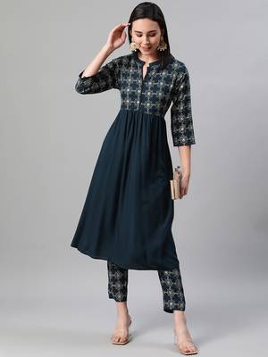 Teal printed rayon kurtas-and-kurtis 5