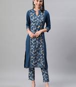 Teal printed rayon kurtas-and-kurtis