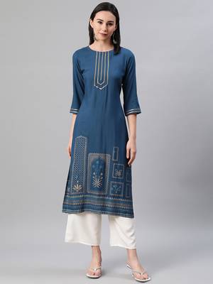 Teal printed rayon kurtas-and-kurtis 1