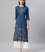 Teal printed rayon kurtas-and-kurtis