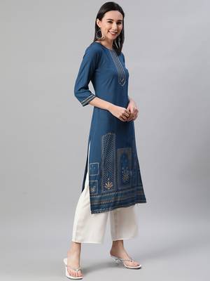 Teal printed rayon kurtas-and-kurtis 2