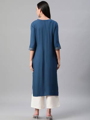 Teal printed rayon kurtas-and-kurtis 3