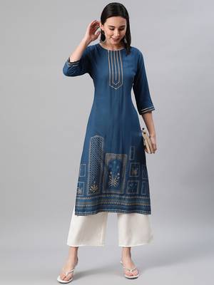 Teal printed rayon kurtas-and-kurtis 5