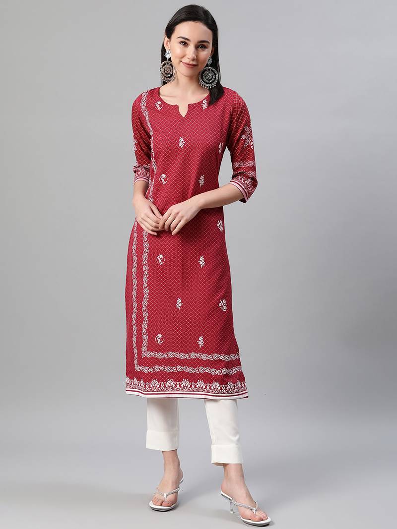 Red printed rayon kurtas-and-kurtis