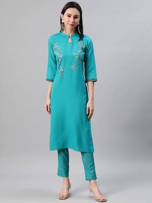 Turquoise printed rayon kurtas-and-kurtis 1
