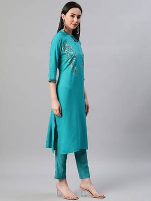 Turquoise printed rayon kurtas-and-kurtis 2