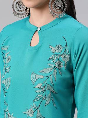 Turquoise printed rayon kurtas-and-kurtis 4