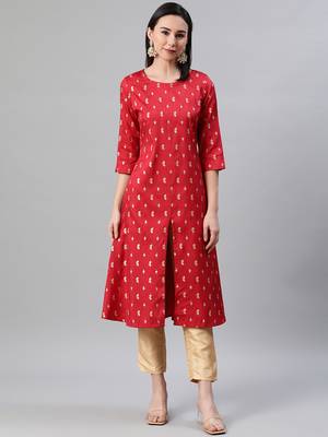 Red printed art silk kurtas-and-kurtis 1