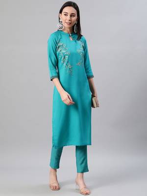 Turquoise printed rayon kurtas-and-kurtis 5