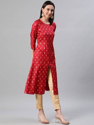 Red printed art silk kurtas-and-kurtis 2