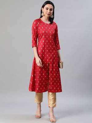 Red printed art silk kurtas-and-kurtis 5