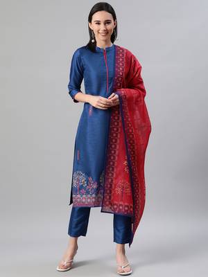 Royal-blue printed art silk kurtas-and-kurtis 1
