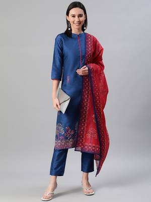 Royal-blue printed art silk kurtas-and-kurtis 5