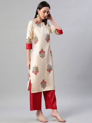Cream printed art silk kurtas-and-kurtis 2