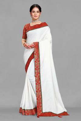 White polycotton saree With Fancy Lace and Jacquard Silk Blouse Piece. 1