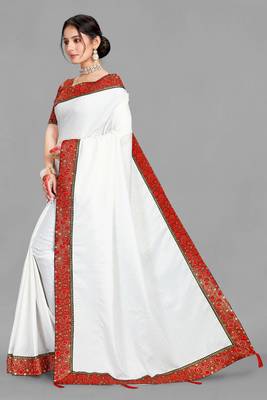 White polycotton saree With Fancy Lace and Jacquard Silk Blouse Piece. 2