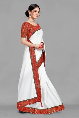 White polycotton saree With Fancy Lace and Jacquard Silk Blouse Piece. 3