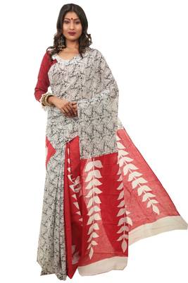 Red printed cotton silk saree with blouse 1