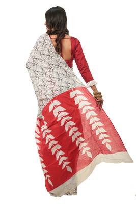 Red printed cotton silk saree with blouse 3
