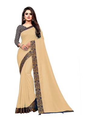 Beige Vichitra Silk Saree With Fancy Lace and jacuard Blouse Piece. 1
