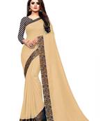 Beige Vichitra Silk Saree With Fancy Lace and jacuard Blouse Piece.
