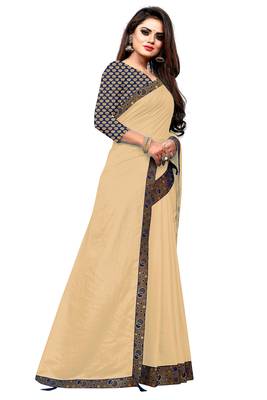 Beige Vichitra Silk Saree With Fancy Lace and jacuard Blouse Piece. 2